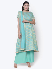 Turquoise Blue Chanderi Cotton  Zari Work Unstitched Dress Material With Dupatta