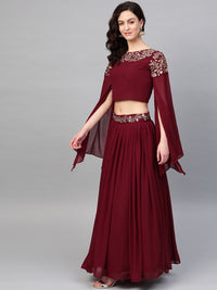 Embroidered Crop Top Lehenga with Flared Cape Style Sleeves