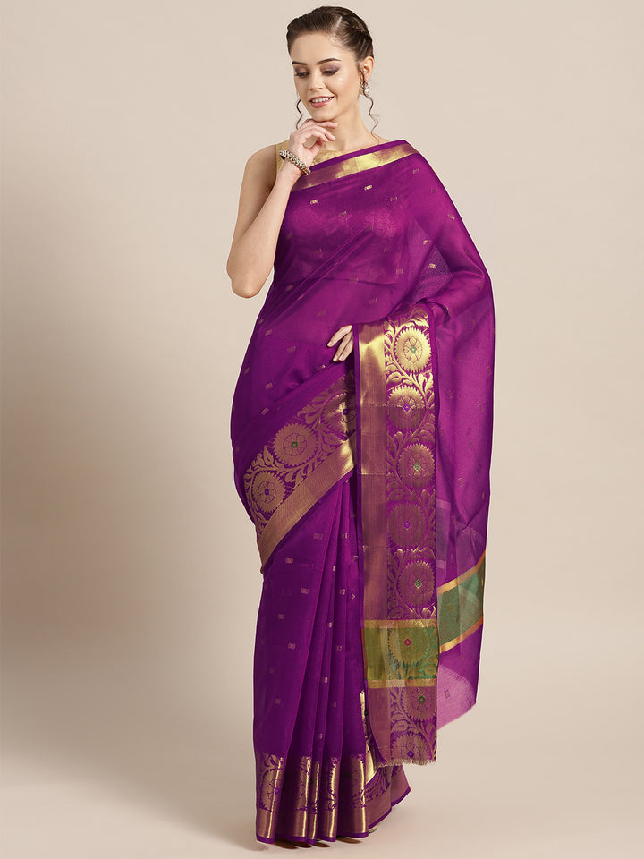 Banarasi Chanderi Silk Two Toned Wine Saree with Ethnic Mughal Motif and Contrast Pallu