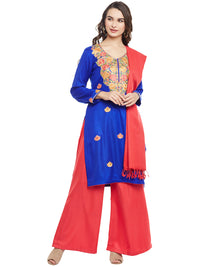Blue  Pink Embroidered  woollen Unstiched Suit With Stole