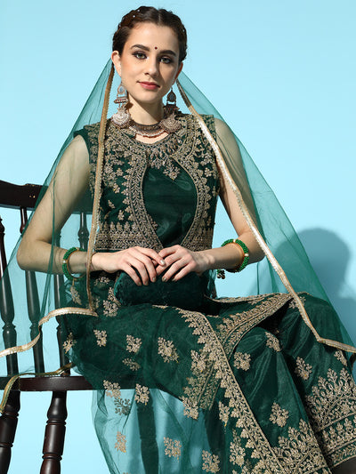 Chhabra 555 Bottle Green Net Zari Embroidered Suit Set with matching Long Jacket & dupatta