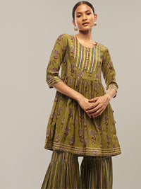 Chhabra 555 Mehendi Green Ethnic Motifs Flared Kurta Sharara Set with Gotta Patti Embellishments 