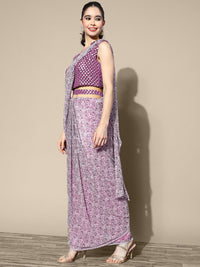 Bohemian Printed Draped Belted Saree With Embroidered Blouse