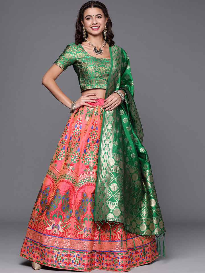 Pink Semi Stitched Banarasi Brocade Silk Lehenga Set with Meenakari Zari Peacock Weaving