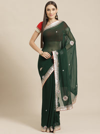 Bottle Green Jaipuri Georgette Saree with Gota Patti Embroidery & Contrast Blouse