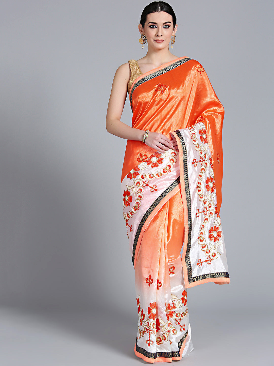 Chhabra 555 Peach Cream Ombre Saree with Resham Zari Embroidered floral motifs
