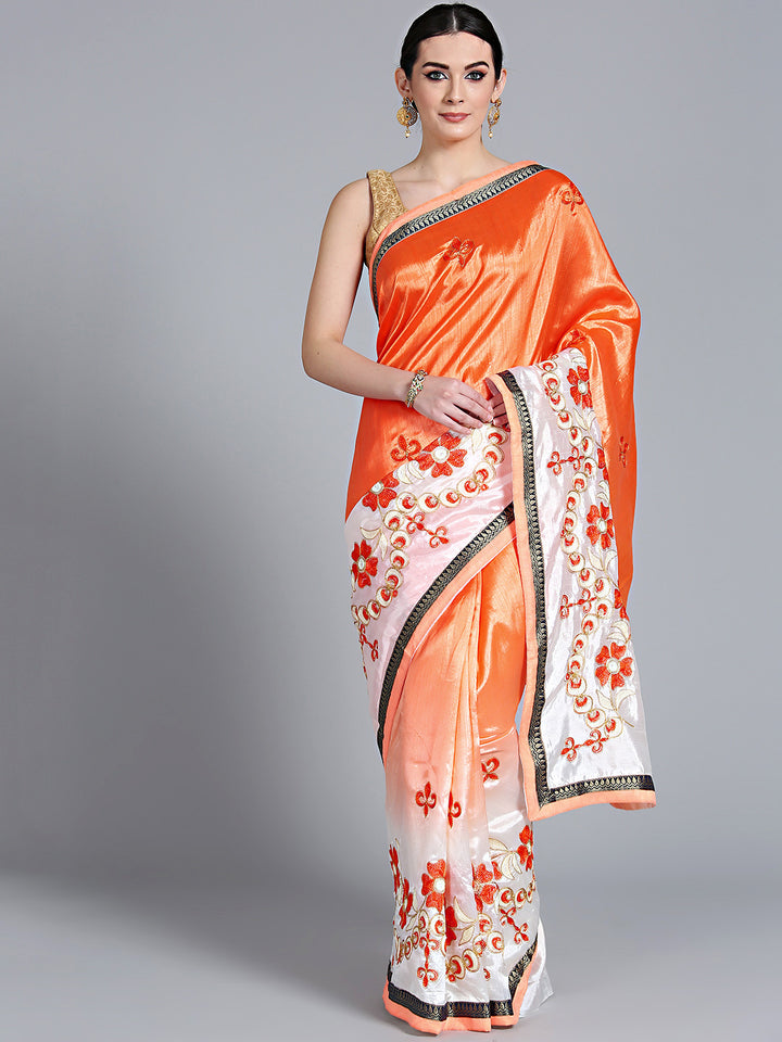 Chhabra 555 Peach Cream Ombre Saree with Resham Zari Embroidered floral motifs