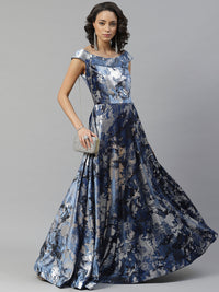 Metallic Silver Blue Micro Velvet Satin Silk Cocktail Gown With Floral Motifs