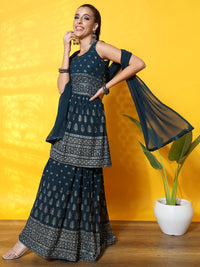 Chhabra 555 Foil Print Peplum Style Georgette Gharara Set with Peplum Style Pleated Tassled Kurta