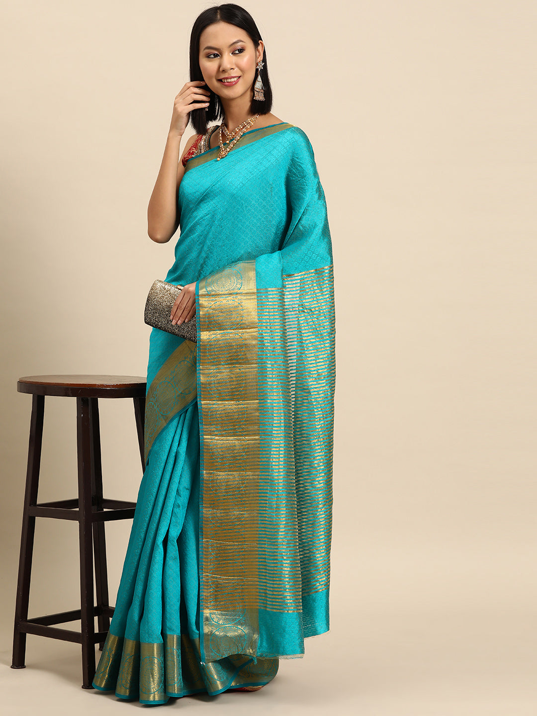 Chhabra 555 Turquoise Blue Self Weave Resham Traditional Silk Saree & Gold Zari Geometrical Border 