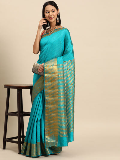 Chhabra 555 Turquoise Blue Self Weave Resham Traditional Silk Saree & Gold Zari Geometrical Border 