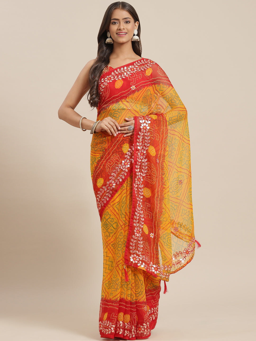 Chhabra 555 Mustard Red Jaipuri Traditonal Bandhej Print Georgette Saree With Gota-Patti Embroidery