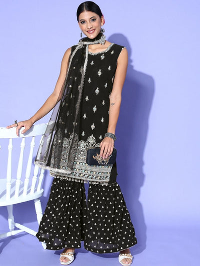 Chhabra 555 Made to Measure Black Sequin & Resham Embroidered Kurta Sharara Set with Tassled hemline