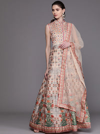 Beige Anarkali Digital Print Gown with Mirror Embellishments