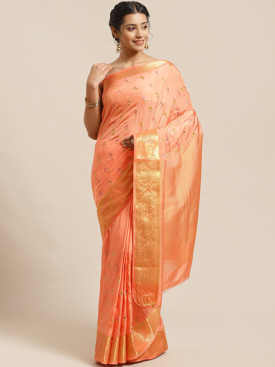 Handloom Chanderi Saree with intricate Resham Embroidered Floral motifs & Zari Border
