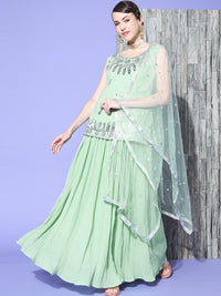 Chhabra 555 Made to Measure Pastel Green Mirror & Sequin Embellished Pleated Lehanga Set