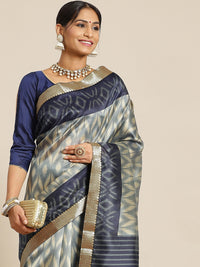 Chhabra 555 Navy Blue Ikat Inspired Printed Bhagalpuri Silk Blend Saree & Oxidised Zari Border