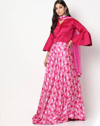 Chhabra 555 Made to Measure Abstract Digital Print Skirt with Contemporary Bell-Sleeved Crop top