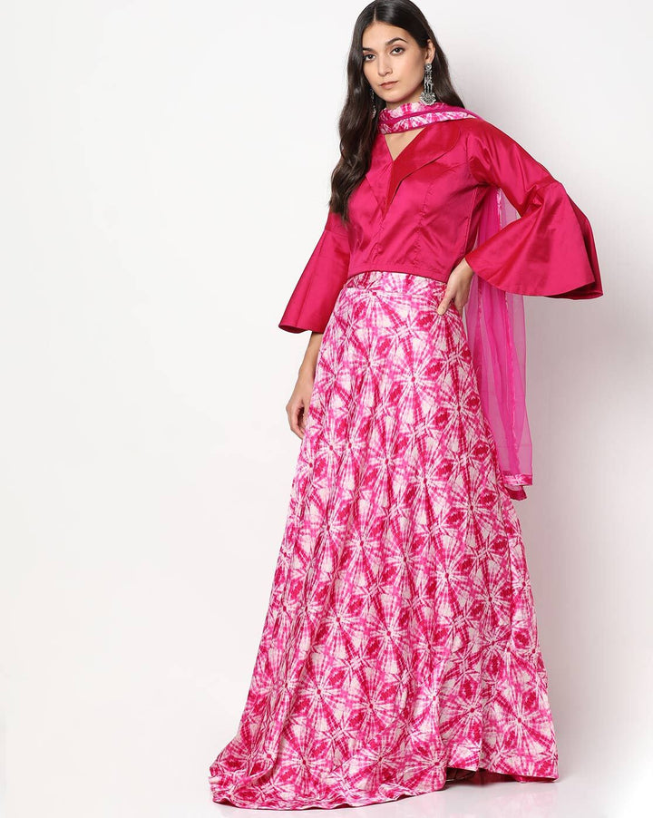 Chhabra 555 Made to Measure Abstract Digital Print Skirt with Contemporary Bell-Sleeved Crop top