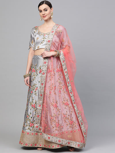 Chhabra 555 Grey Silk Semi-stitched Lehenga Set with Kasab, Zari and Resham floral embroidery