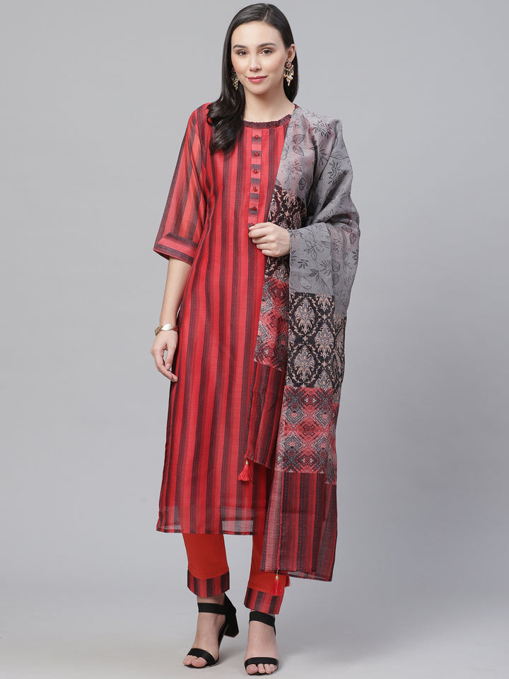 Chanderi Silk Dress Material with Digital Handloom & Indie Print with Maheshwari Dupatta