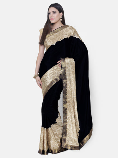Chhabra 555 Black Satin Silk Saree with floral print and a woven Border