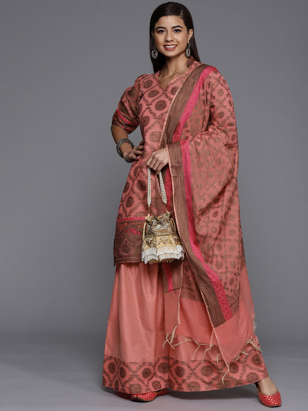 Made to Measure Banarasi Weaves Kurta Sharara Set With Handloom Dupatta,Mandarin Collar
