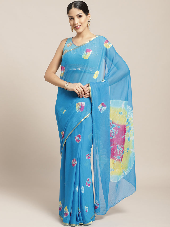 Chiffon Bandhani Saree with Gharhcola pattern and Zari Gold Border