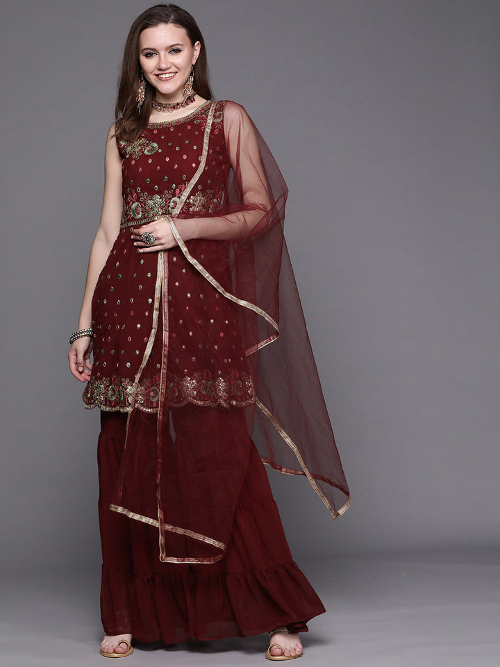 Chhabra 555 Made to Measure Georgette Embroidered Scalloped Peplum Kurta Sharara Set & Net Dupatta