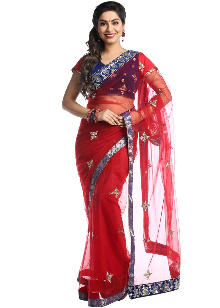 Red Colored Net Embroidered Saree