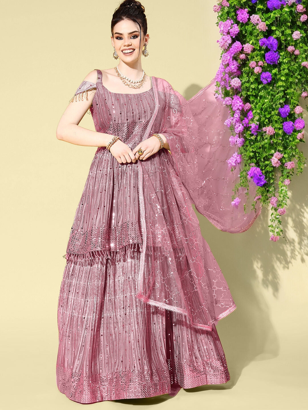 Chhabra 555 Pink Gold Foil Off Shoulder Peplum Style Lehanga Set with Sequinned Net Dupatta 