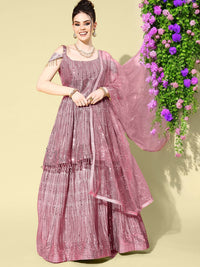 Chhabra 555 Pink Gold Foil Off Shoulder Peplum Style Lehanga Set with Sequinned Net Dupatta 