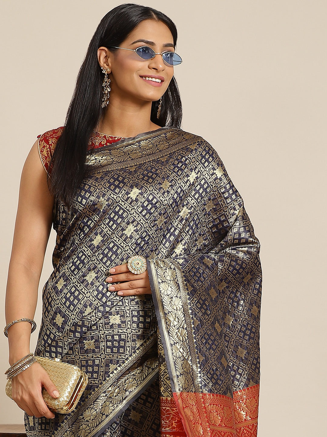 Chhabra 555 Navy Blue Silk Blend Geometrical Ikat Inspired Banarasi Woven Saree With Contrast Red Pallu