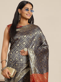 Chhabra 555 Navy Blue Silk Blend Geometrical Ikat Inspired Banarasi Woven Saree With Contrast Red Pallu