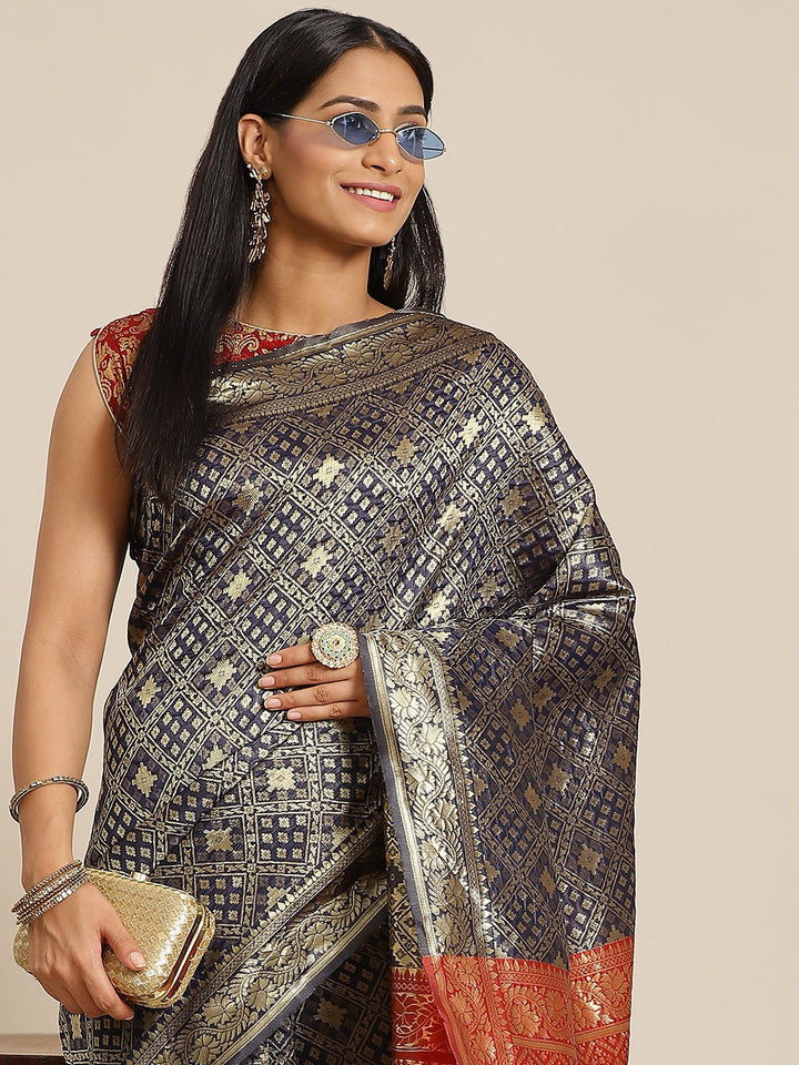 Chhabra 555 Navy Blue Silk Blend Geometrical Ikat Inspired Banarasi Woven Saree With Contrast Red Pallu