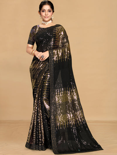 Chhabra 555 Black & Gold Allover Sequin Embroidered Party Wear Saree with Abstract colorblocked patterns