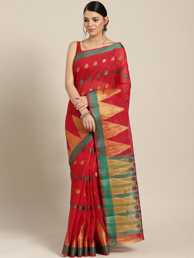Chhabra 555 Red Chanderi Silk saree with Zari and Resham weaving in a traditional temple pattern