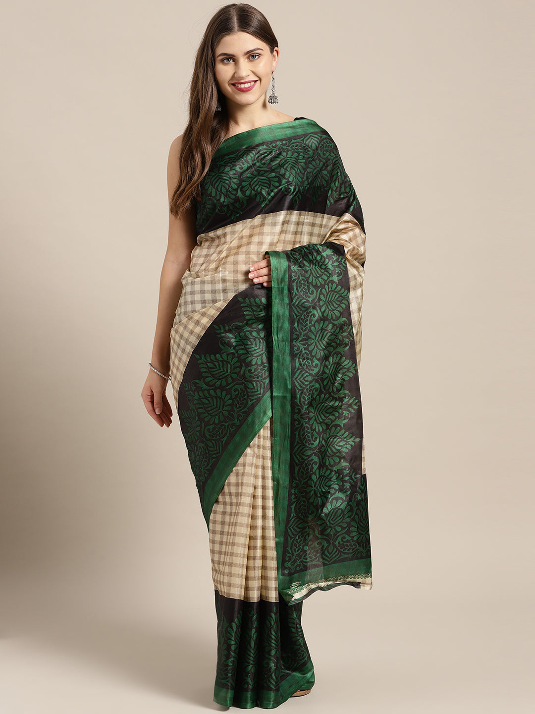 Chhabra 555 Beige Printed Checked Bhagalpuri Saree with Floral motifs in contrast Red Color