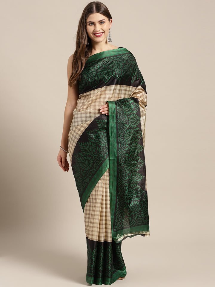 Chhabra 555 Beige Printed Checked Bhagalpuri Saree with Floral motifs in contrast Red Color