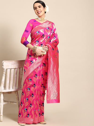 Chhabra 555 Magenta Banarasi Floral Meenakari Resham & Oxidised Zari Woven Embellished Silk Saree