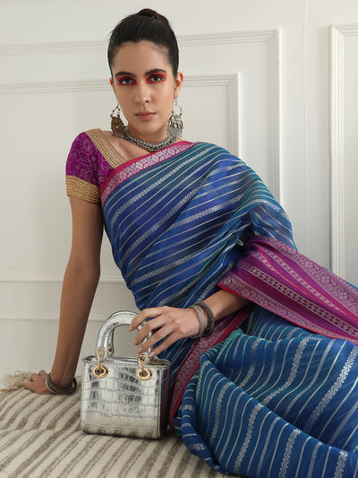 Chhabra 555 Blue Chanderi Silk Stripes Woven Traditional Saree Embellished With Contrast Blouse