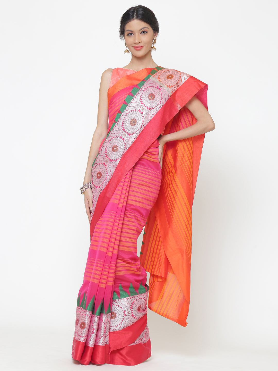 Chhabra 555 Orange and Pink Striped Handloom Banarasi Saree with contrast Green Temple border