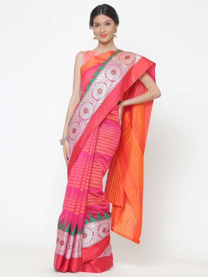 Chhabra 555 Orange and Pink Striped Handloom Banarasi Saree with contrast Green Temple border