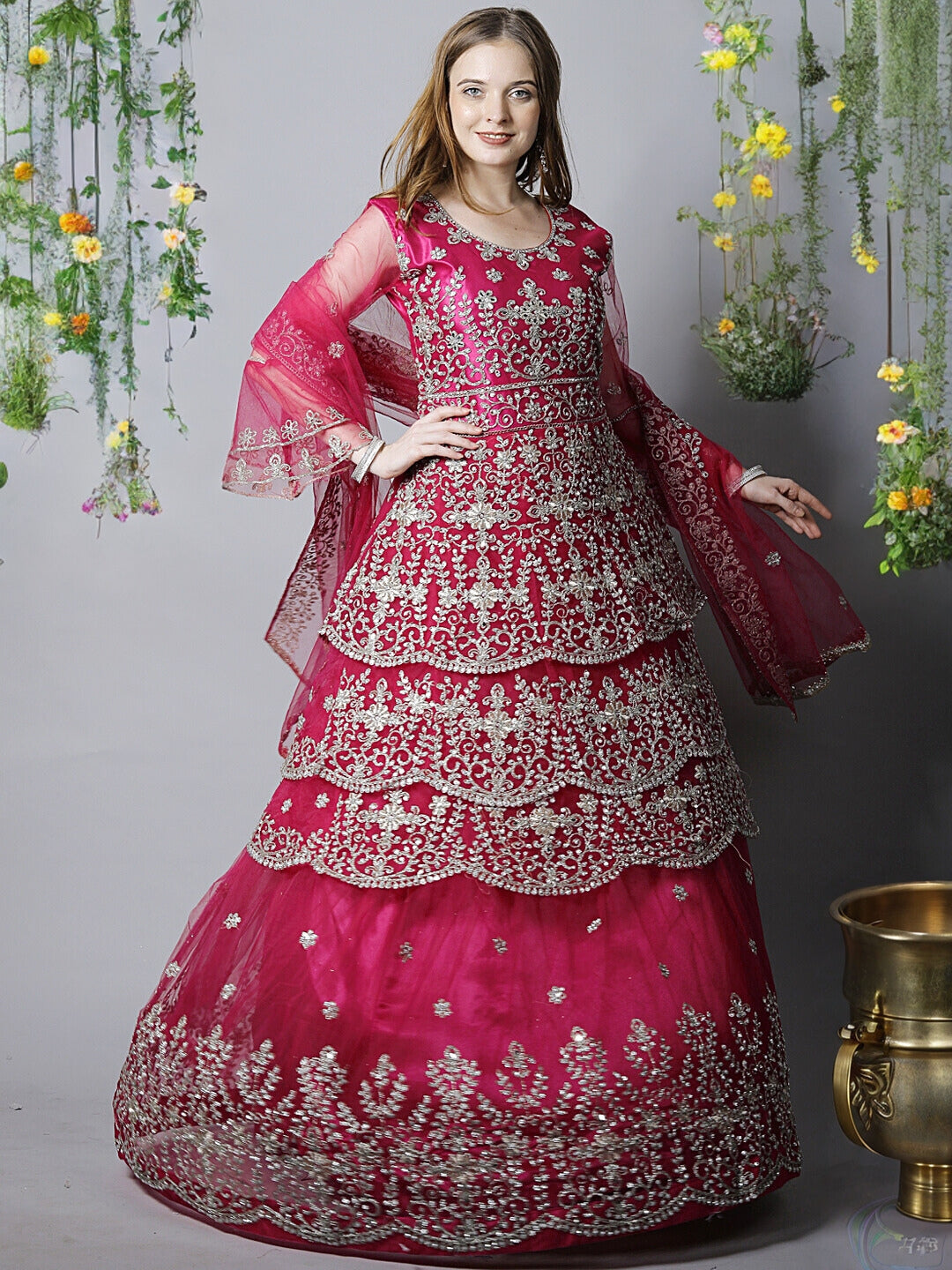 Chhabra 555 Magenta Pink Zari Embroidered Bridal Layered Flared Kurta with Lehenga & Dupatta