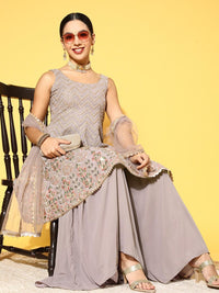 Chhabra 555 Nude Chevron Style Sequence Embroidery Peplum Kurta Sharara Set & Scalloped Dupatta