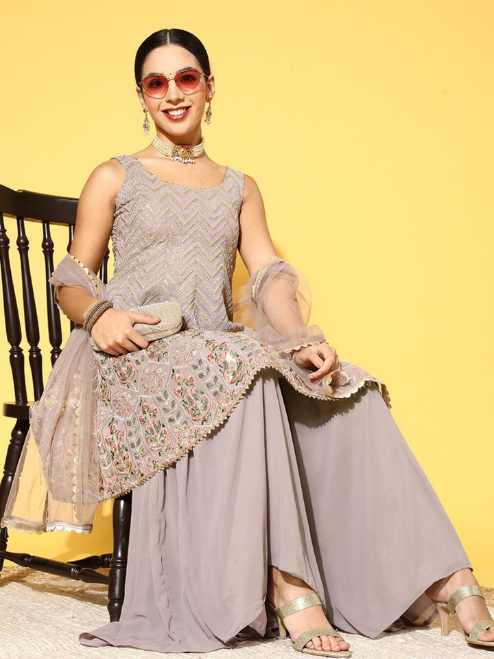 Chhabra 555 Nude Chevron Style Sequence Embroidery Peplum Kurta Sharara Set & Scalloped Dupatta