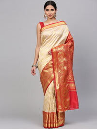 Chhabra 555 Gloden Banarasi Silk Handloom, Hand Woven,Floral, Motifs Bangoli Style Zari Weav Border Saree  