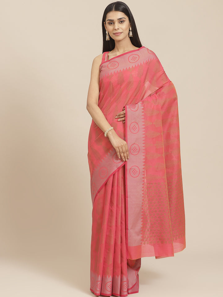 Handloom Chanderi Saree with Tropical woven patterns and a Temple style border