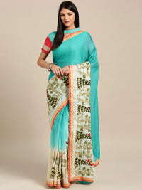 Chhabra 555 Chiffon Ombre Turquoise Cream saree with Resham Embroidered Peacock Motifs