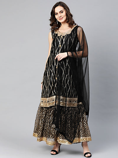 Chhabra 555 Made to Measure Black Kurta Sharara Set With Sequin and Pearl embroidery and cut-work mirror embellished border